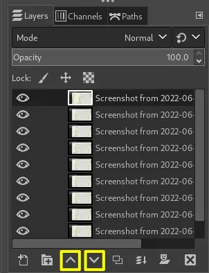 GIMP layers panel with Up and Down arrows highlighted