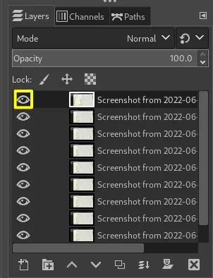 GIMP layers panel with Eye icon highlighted