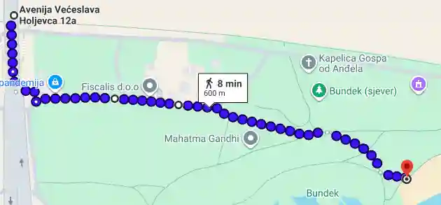 Google pedestrian routing optimized from the bridge to the beach by the lake Bundek.