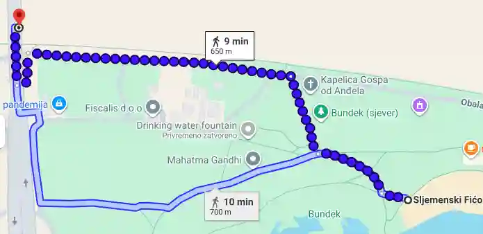 Google pedestrian routing from the bridge to the beach by the lake Bundek.