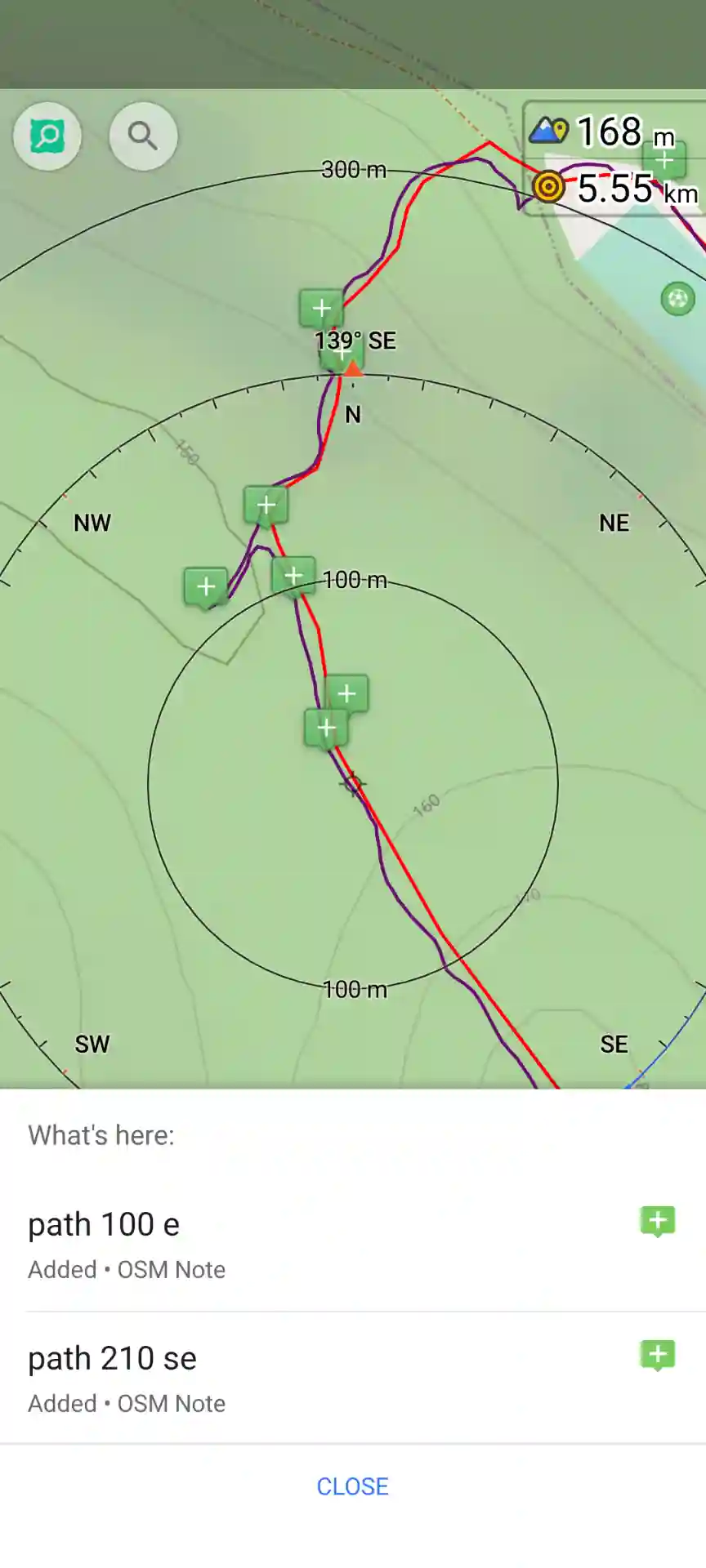 OsmAnd: field notes showing both degrees and cardinal direction overlayed on a radius compass that shows both degrees and cardinal direction.