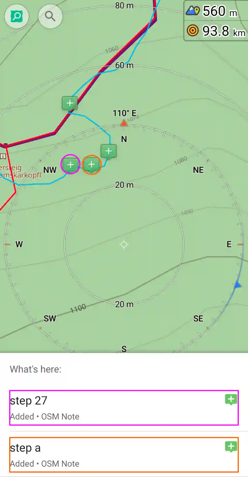 OsmAnd: three tracks colored red (planned), purple (planned), blue (tracked) and two colored outlined field notes: orange="step a" and magenta="step 27" showing the interval convention.